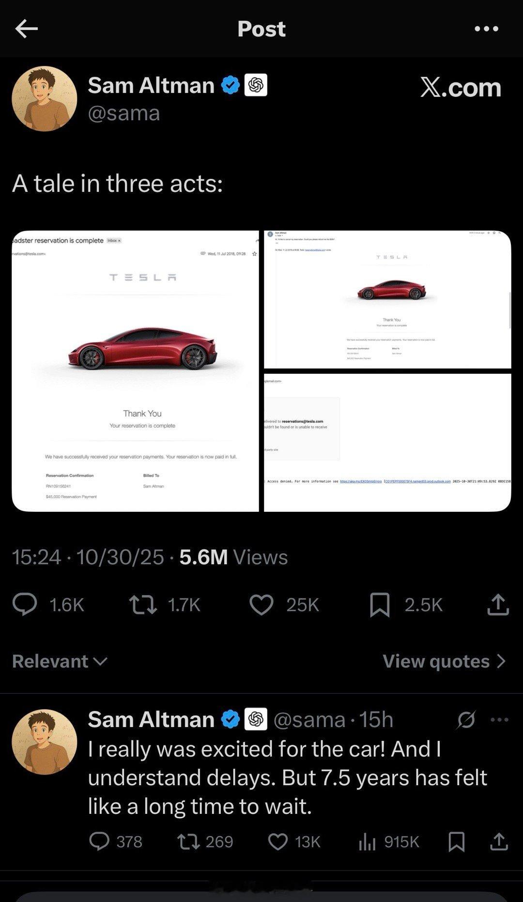 奥特曼晒单。他在2018年就下单预定了特斯拉的Roadster二代，全额支付了4