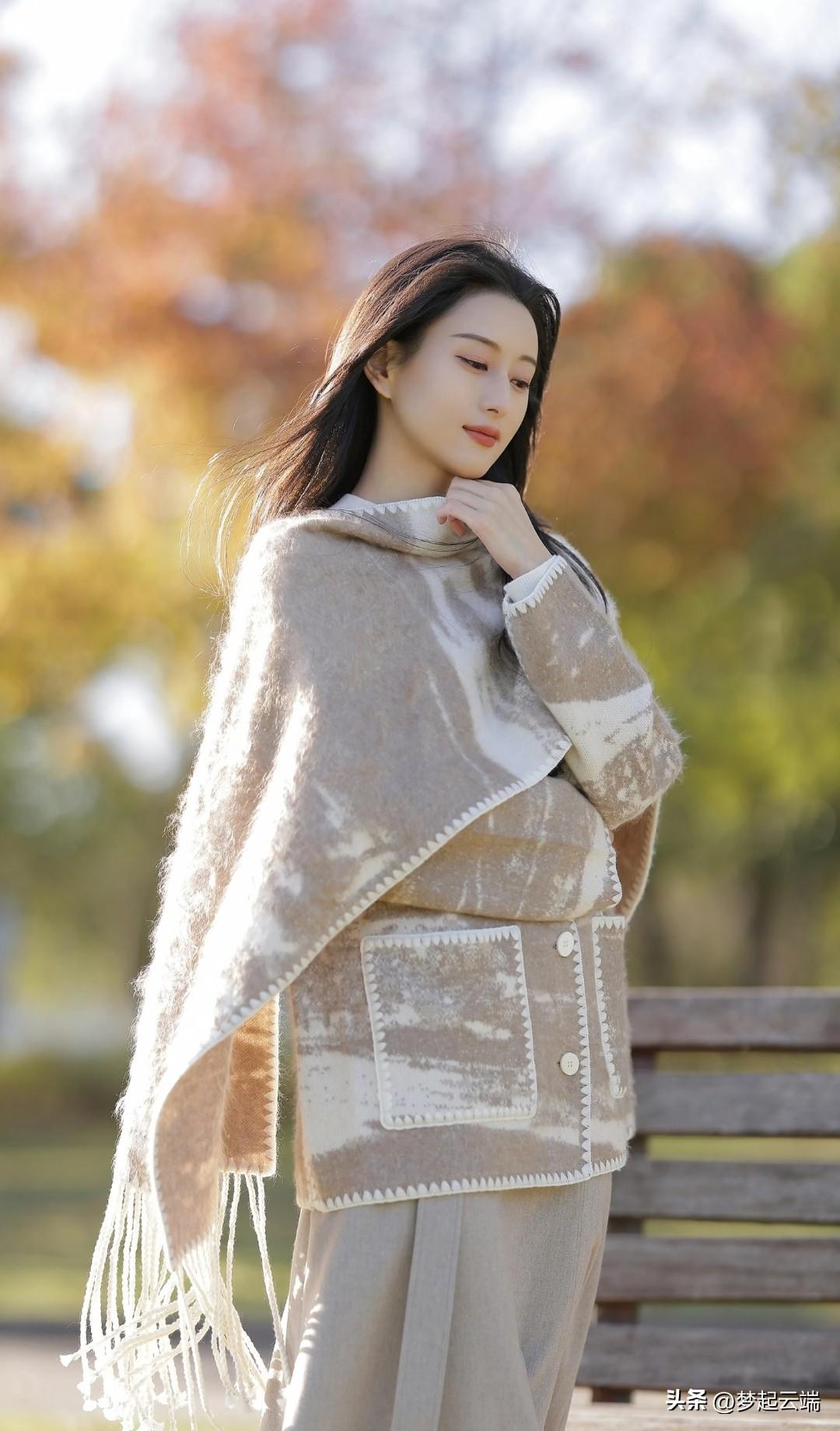 秋风起，落叶舞，美人倚长椅。