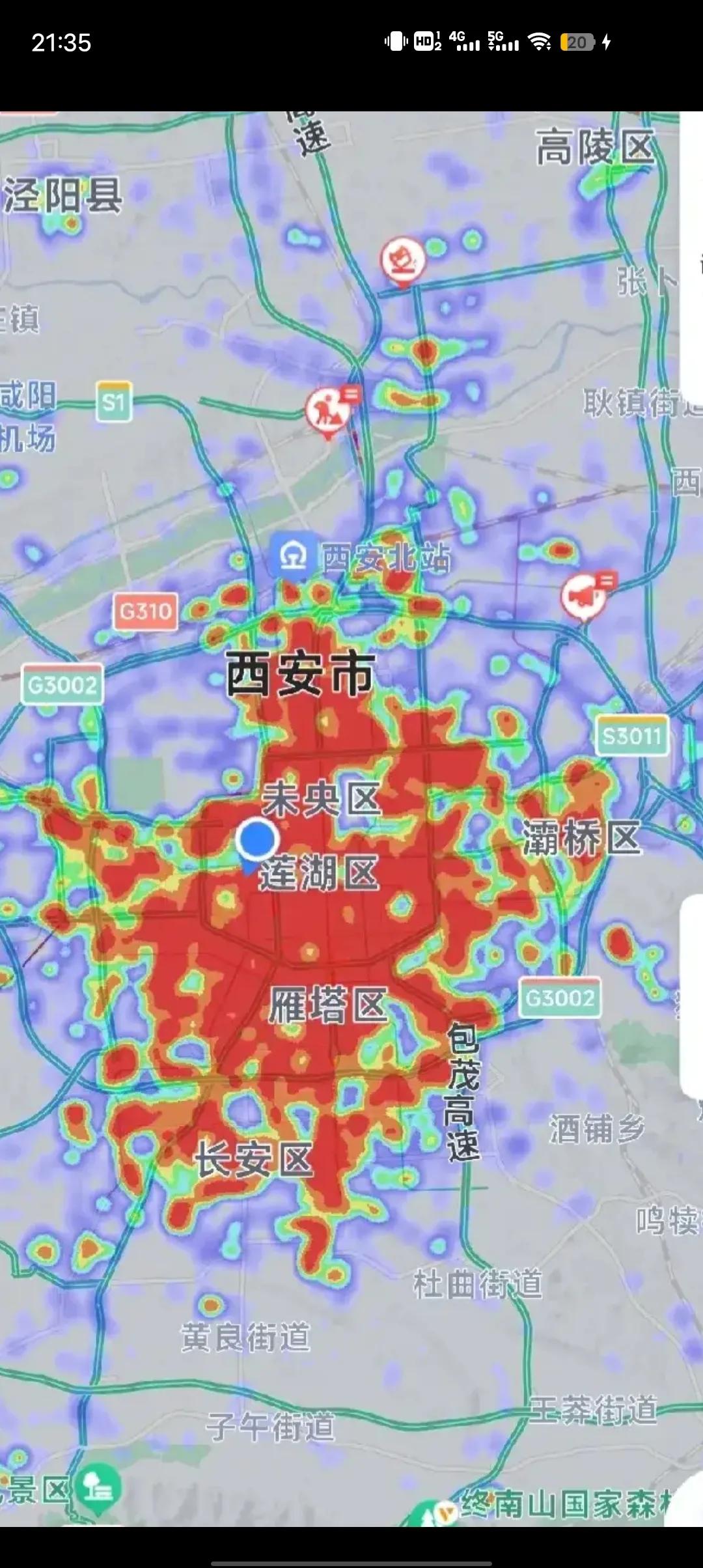 tfboys演唱会表现在西安热力图上非常明显，平日里西安奥体中心红色非常小，有芝