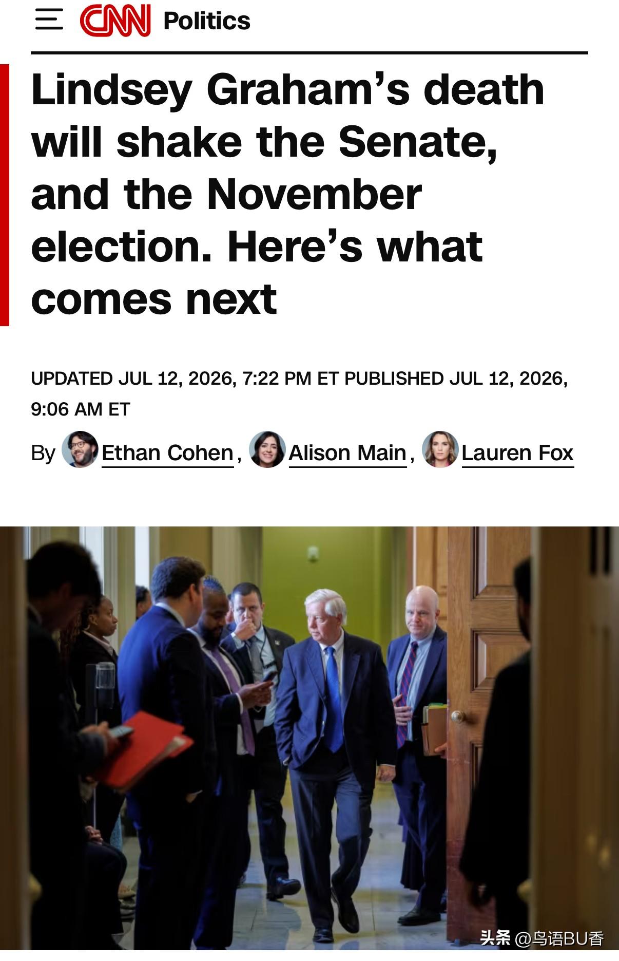 美媒认为，美资深共和党参议员格林厄姆去世，会对美11月份的中期选举产生影响，同时