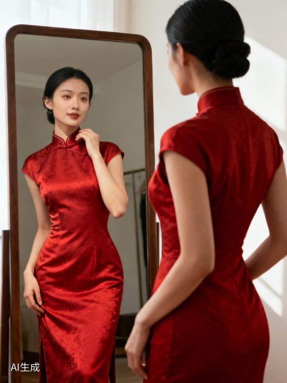 美女穿衣镜前站，
自我欣赏展美颜。
玉体白皙裹旗袍，
前后左右美曲线。