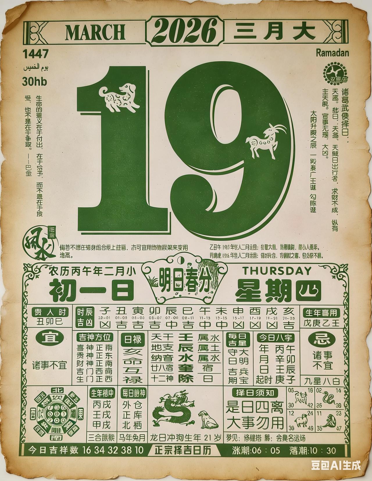 这张图是2026年3月19日（农历二月初一）的老黄历。用大白话翻译，这一天属于*