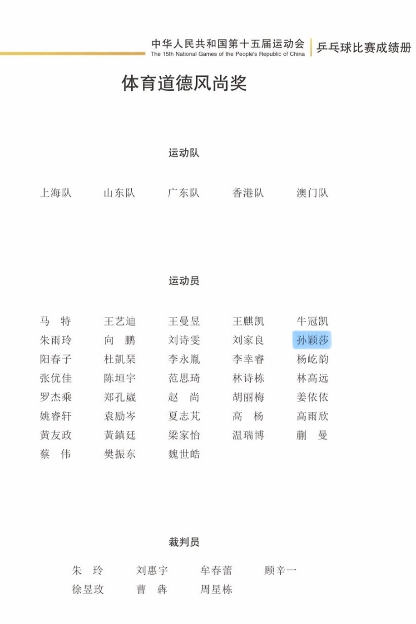 十五运体育道德风尚奖 运动员孙颖莎