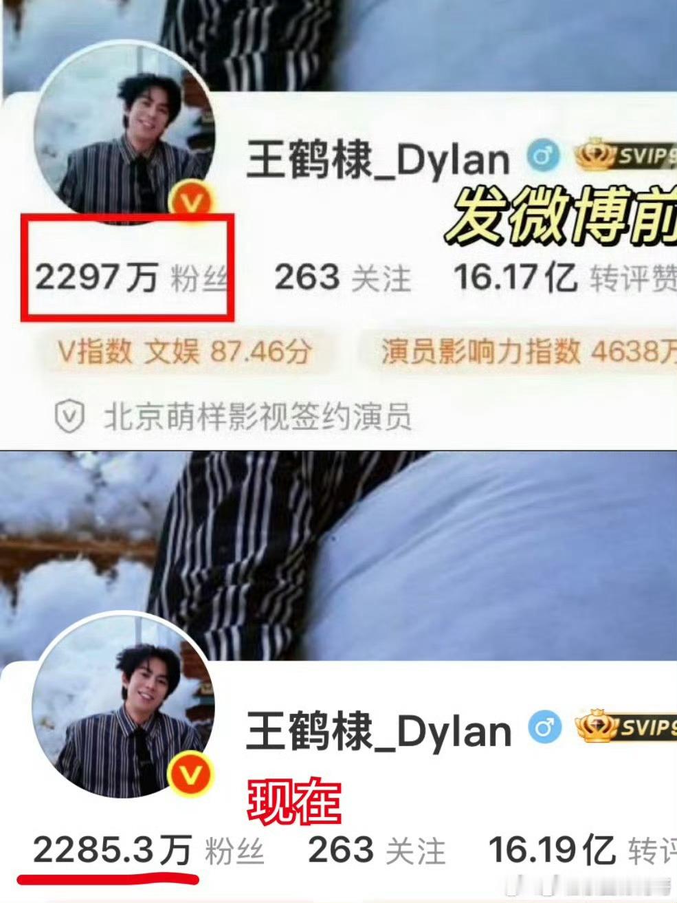 王鹤棣双平台掉粉25w 
