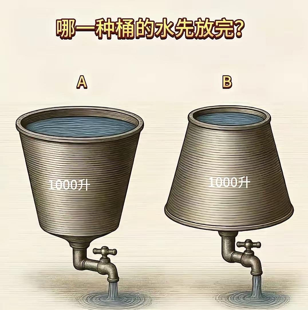 把我家孩子难哭了！两个水桶装满水，容量相同，方向不同，同时开水龙头，哪个会先放空