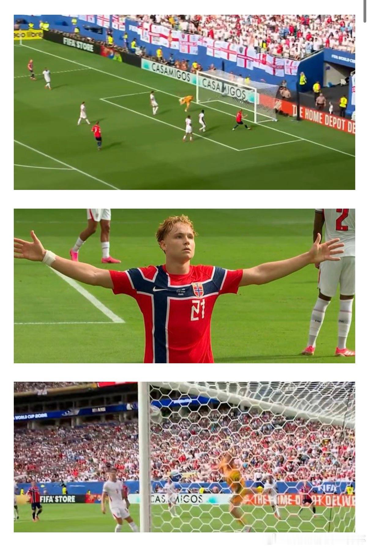7月12日世界杯 1/4决赛，挪威对阵英格兰。上半场，谢尔德鲁普边路直接破门。随