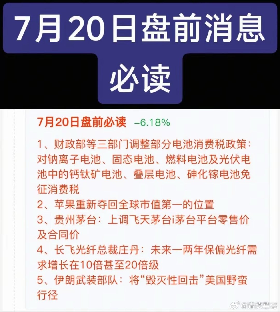 财经股票 7月20日盘前四大看点速览！1.电池消费税新政落地，钠离子、固态、燃料
