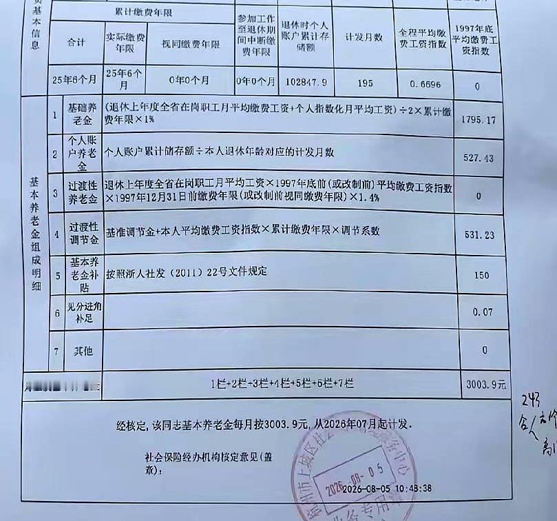 等了大半年，退休那张单子终于出来时，心口那块石头才算落地。
累计缴费25年6个月