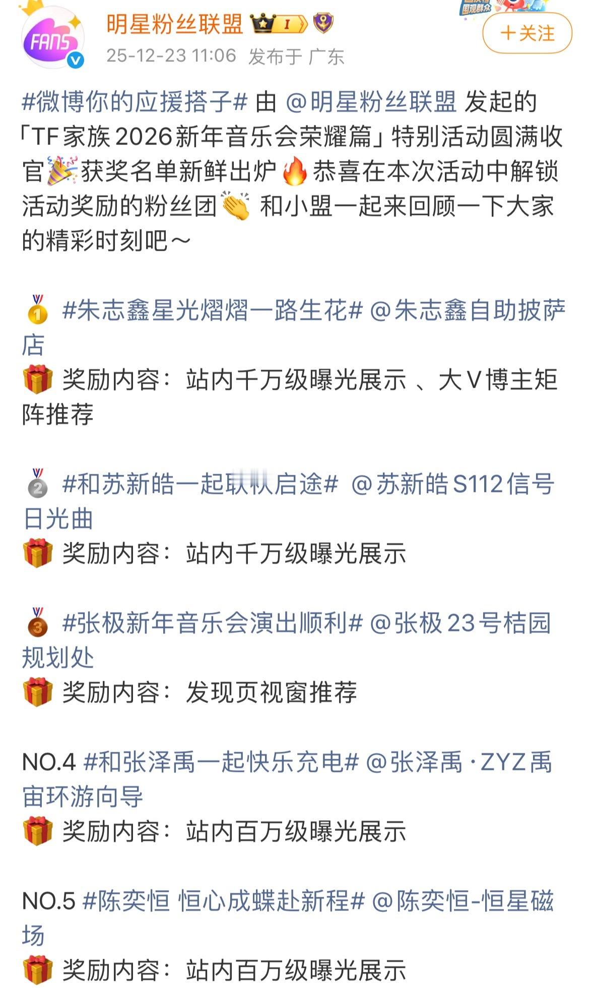 TF家族2026新年音乐会荣耀篇，陈奕恒拿下了总榜第五，四代第一。 