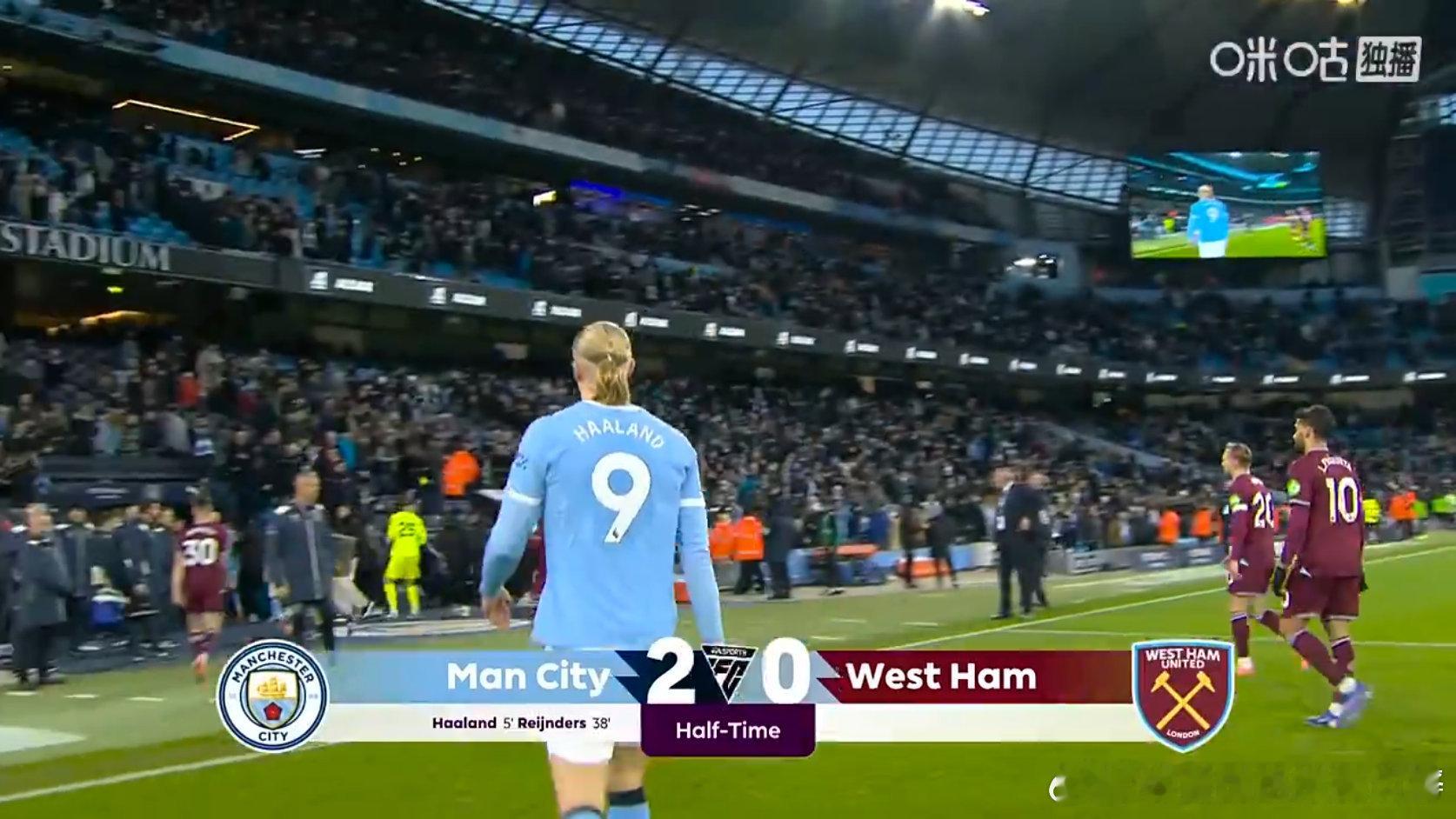 半场结束，曼城暂2-0领先西汉姆联大伙如何评价上半场比赛 曼城vs西汉姆联 英超