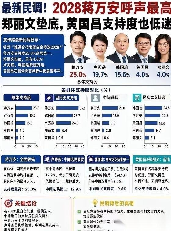 台湾生病了，郑丽文支持率4%。民调数据给出的结果相当残酷：蒋万安以25.0%的支