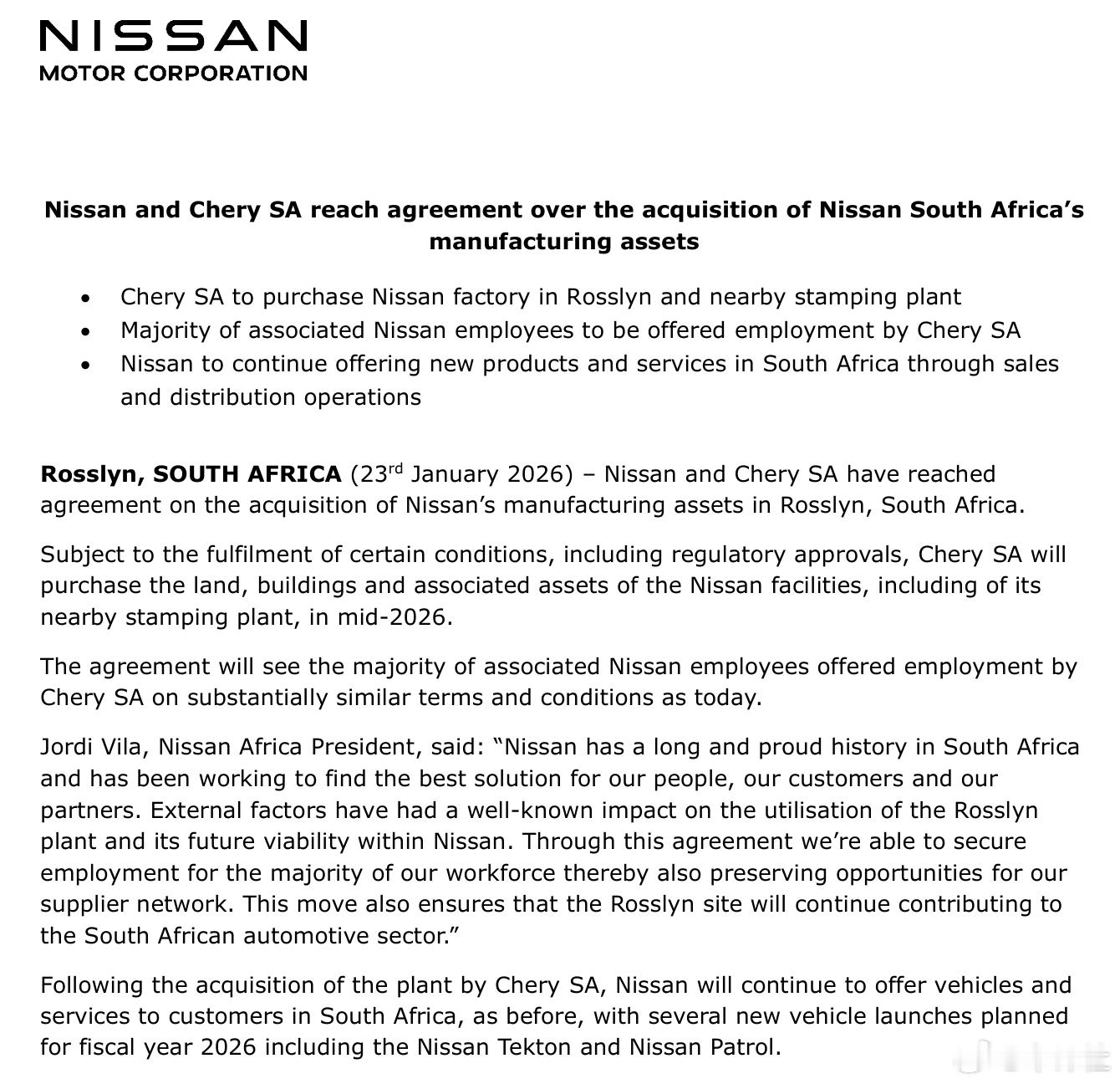 【官宣！日产南非工厂被奇瑞收购】1月23日，日产汽车在官网宣布，日产和奇瑞就收购