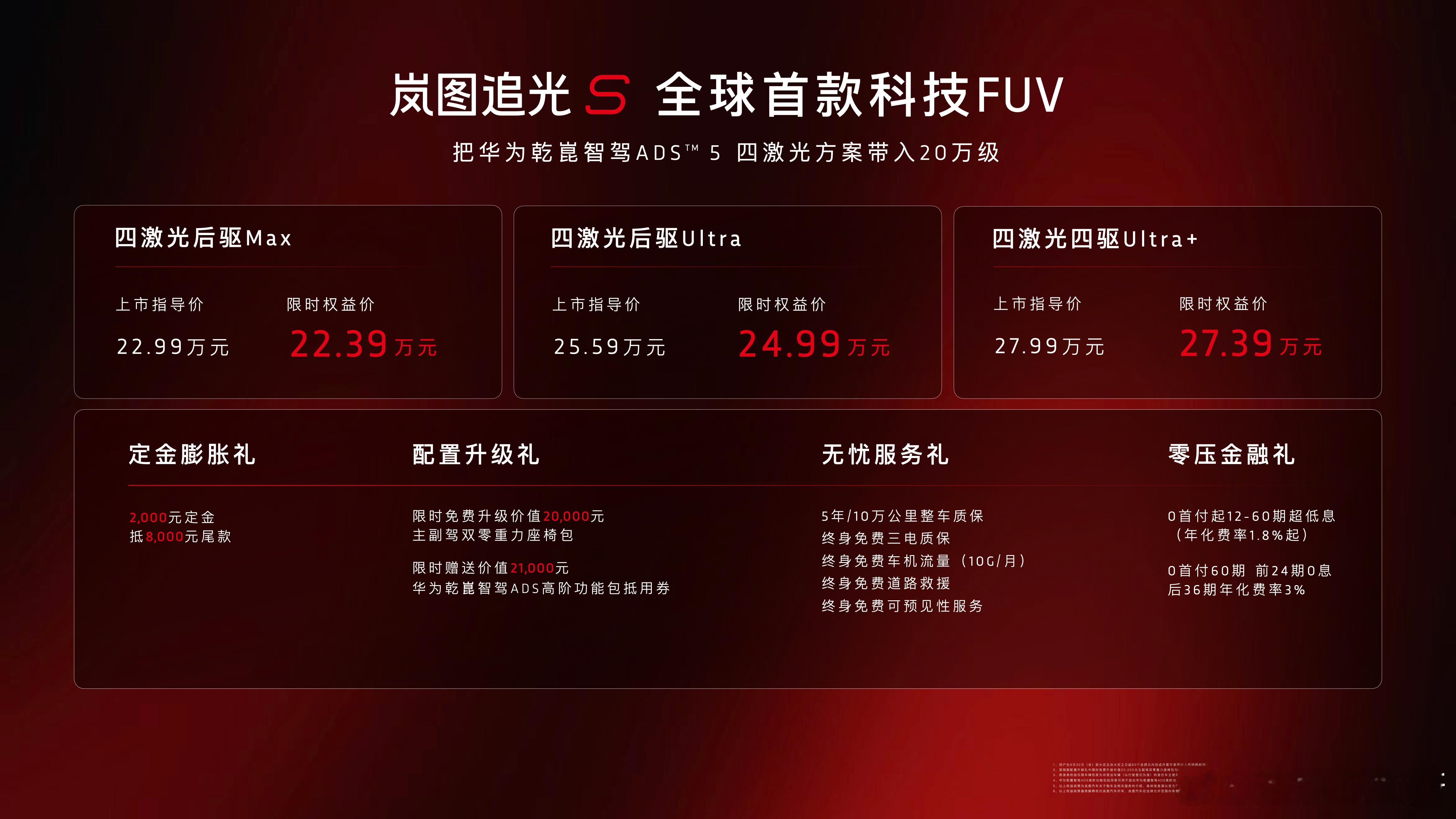 岚图追光S价格来啦限时权益价：四激光后驱Max22.39万四激光后驱Ultra 