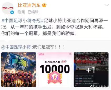 【比亚迪祝贺中国足球小将夺冠】 北京时间6月2日，中国足球小将2014队在意大利
