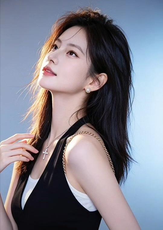 温柔甜美的少女，黑色吊带裙搭配金色项链，散发着优雅的气质。