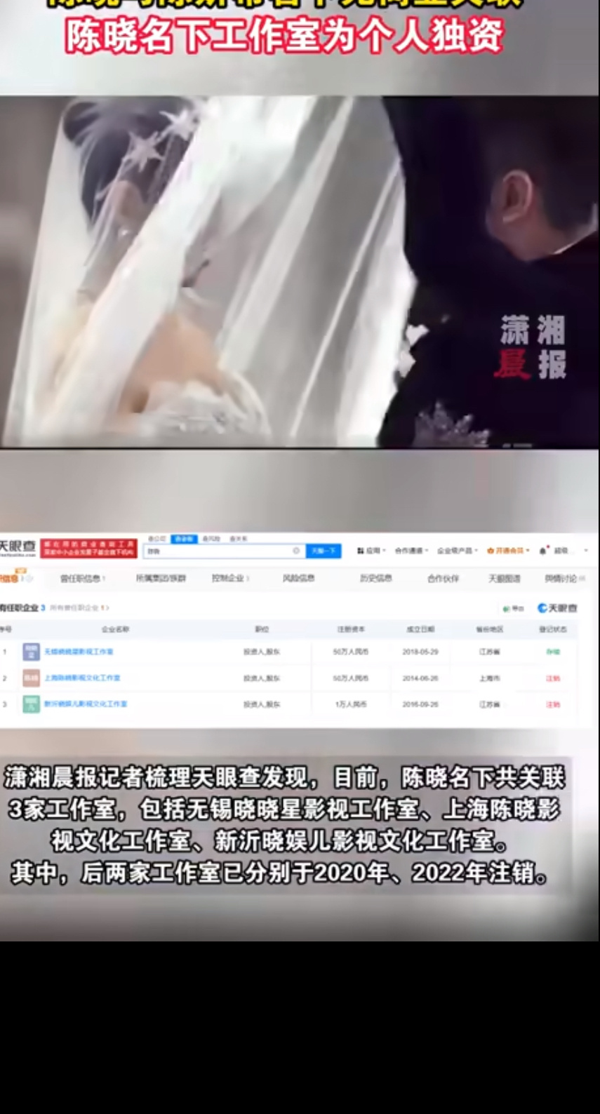 陈晓与陈妍希名下无商业关联 陈晓与陈妍希在商业上无关联，陈晓名下的工作室为个人独