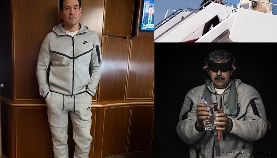 美国国务卿鲁比奥，据称被拍在前往中国的空军一号上，穿着一身跟马杜罗被绑架时极为相