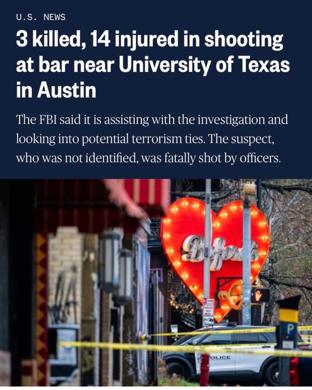 地方当局表示，周日凌晨，美国德克萨斯州奥斯汀一家酒吧发生枪击事件，造成至少3人死