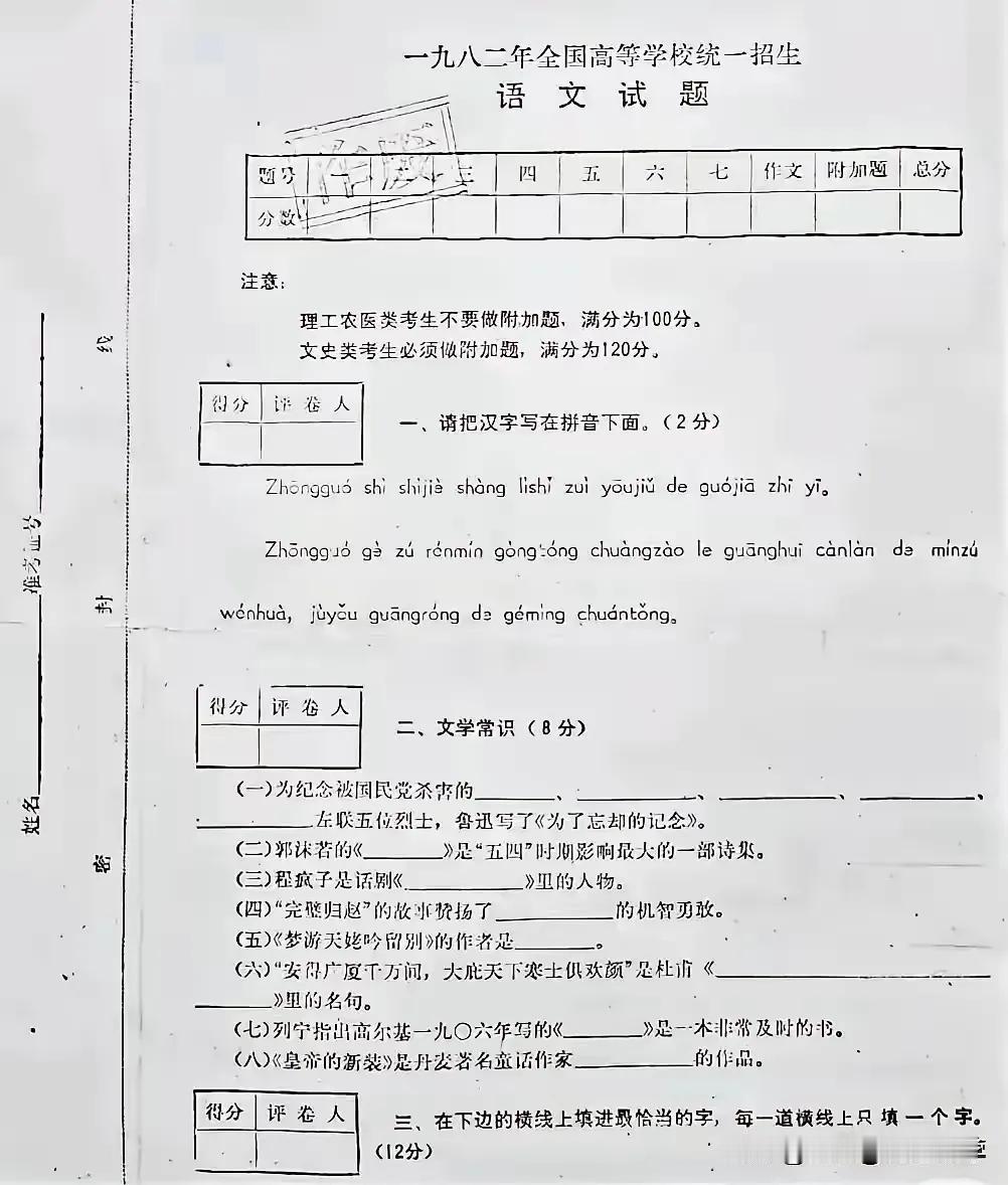 今天，在网络上我偶然发现了1982年的高考语文试卷，思绪万千，感慨不已。

转眼