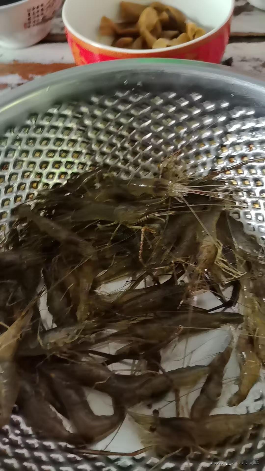 一大早出门收地笼，满载新鲜草虾归来。
小鱼杂鱼顺手拿来喂鸡鸭，鲜嫩草虾留着自家小