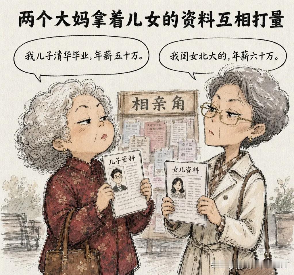 趣味漫画：两个大妈拿着儿女的资料互相打量。甲：「我儿子清华毕业，年薪五十万。」乙