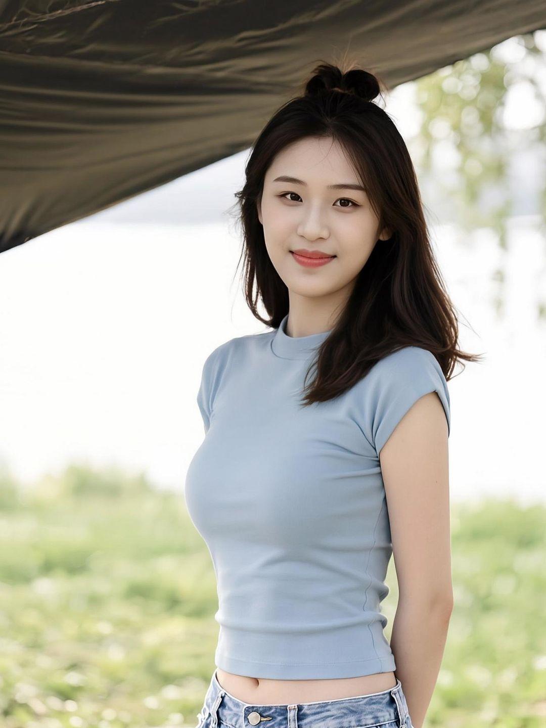 在绿意盎然的背景下，简约的穿搭与自然完美融合，仿佛是夏日里的一抹清凉。阳光透过树