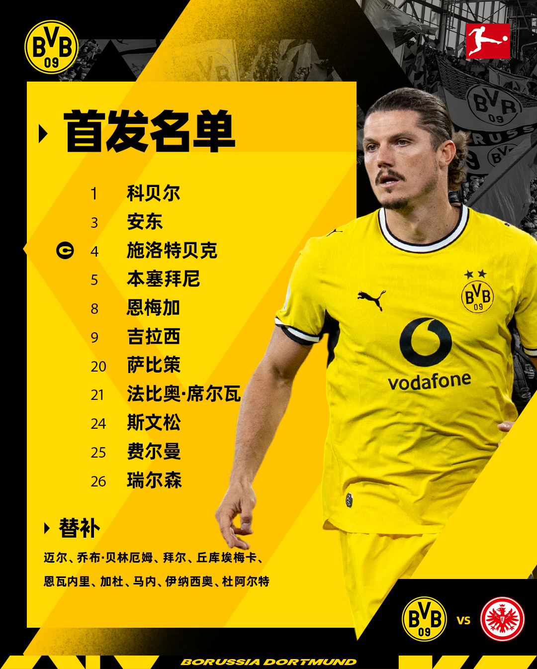 对阵法兰克福，首发名单新鲜出炉！【首发】1.科贝尔 3.安东 4.施洛特贝克 5