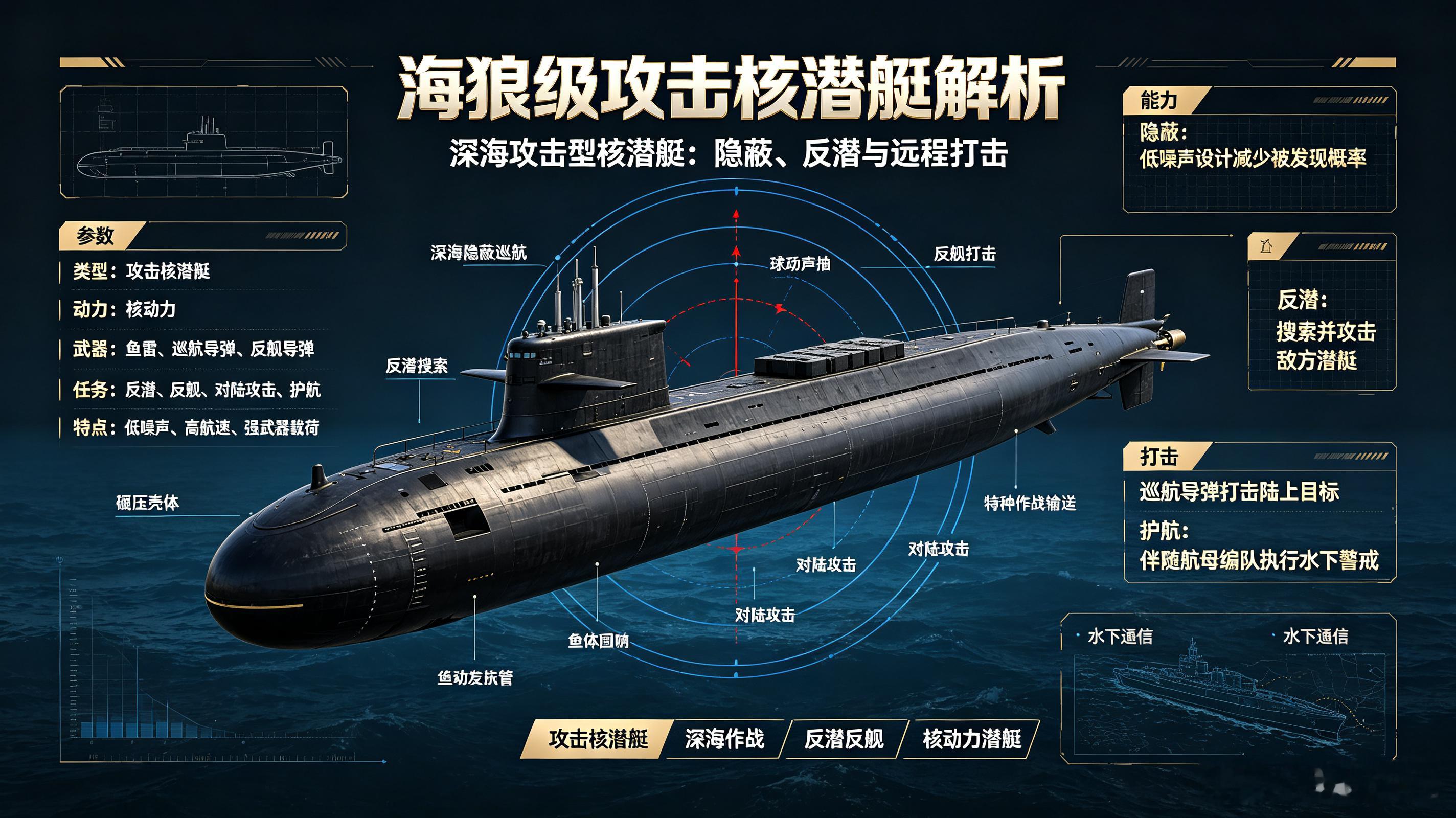 海狼级攻击核潜艇，美军深海作战平台。核动力与低噪声设计支持长时间水下巡航，可执行