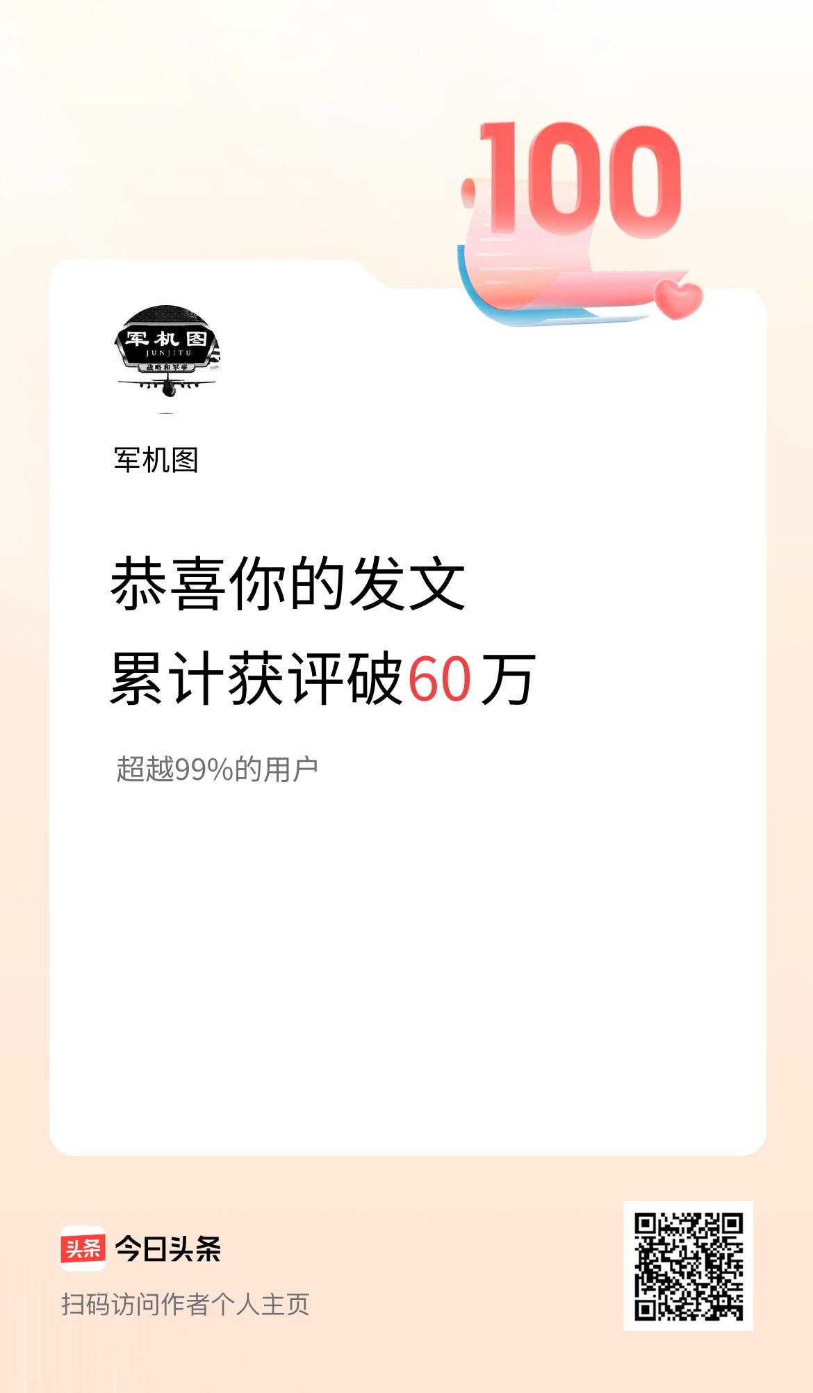 我在头条累计获评论量破60万啦！