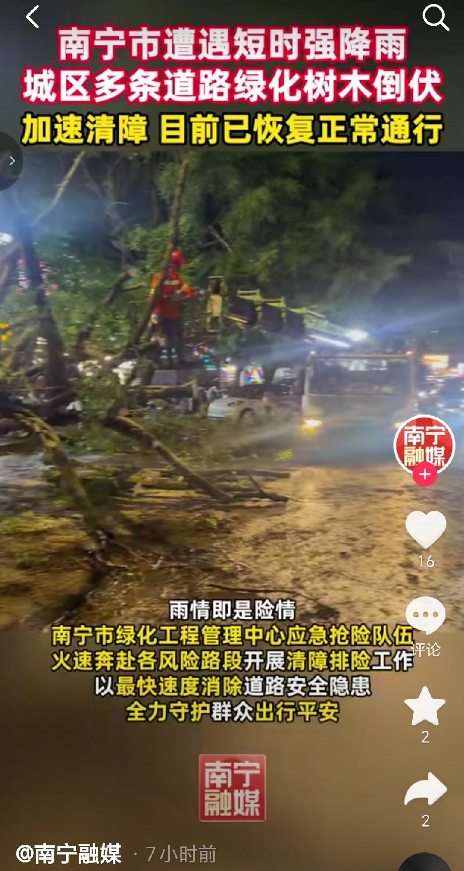 6月21日下午，南宁市遭遇短时强降雨，城区多条道路绿化树木出现倒伏、折枝等安全险