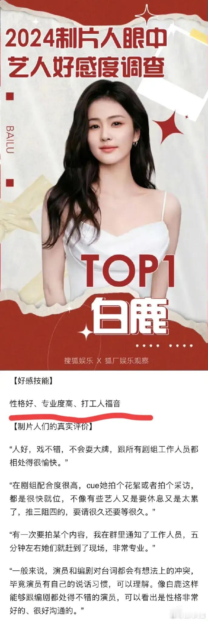 搜狐评的艺人“红榜”top1：白鹿，性格好，专业度高[赞]top2：王鹤棣，没有