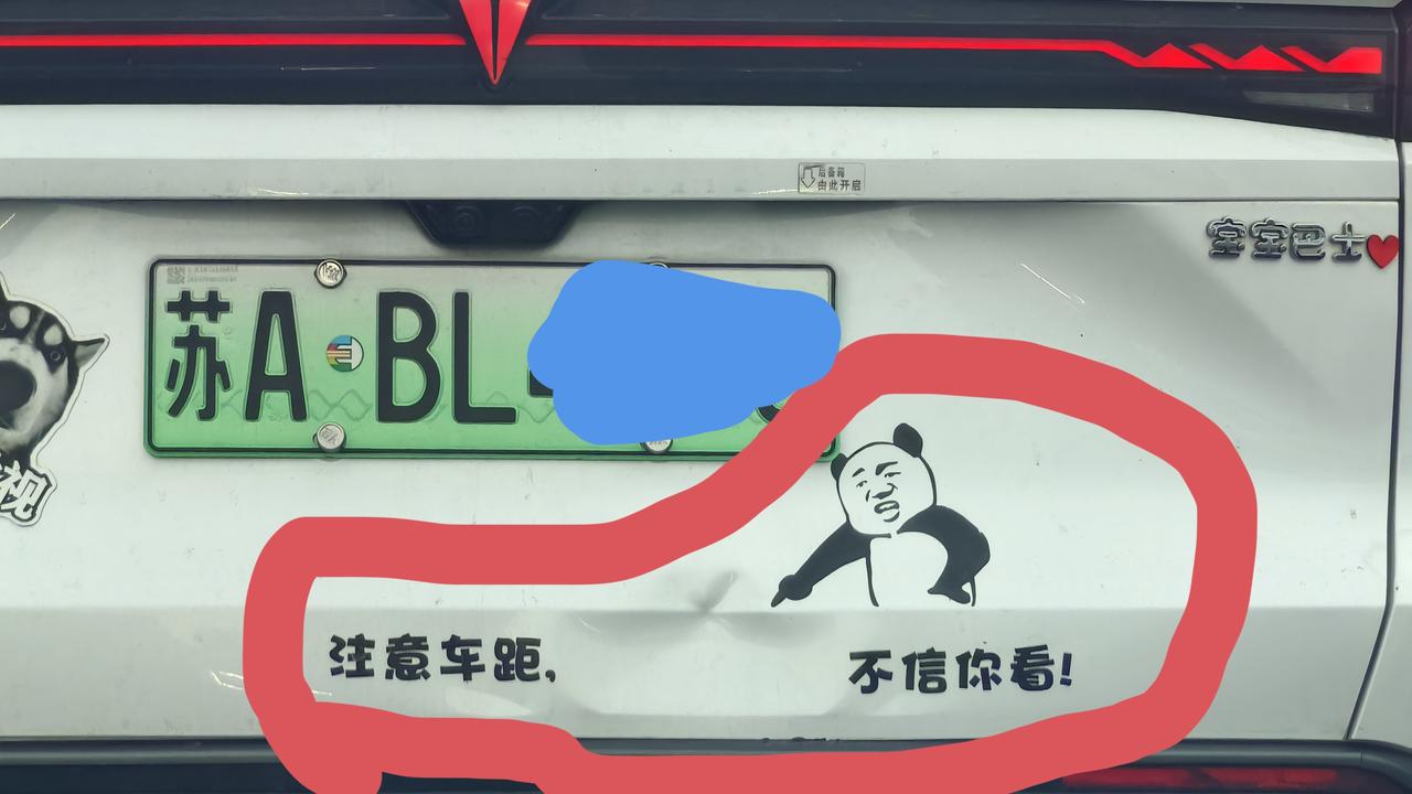 这车贴在哪儿买的？内容十分应景，有坑为证，现场教学，若再追尾可怪不上人家车主了！