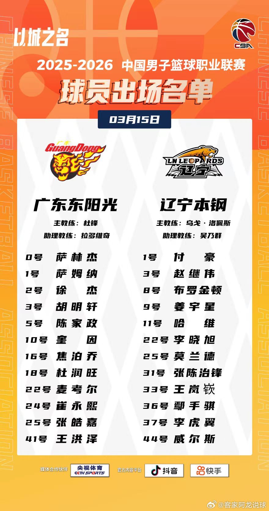 崔永熙首秀就进入首发，王少杰轮休广东首发五虎：徐杰 胡明轩 崔永熙 奎因 萨林杰