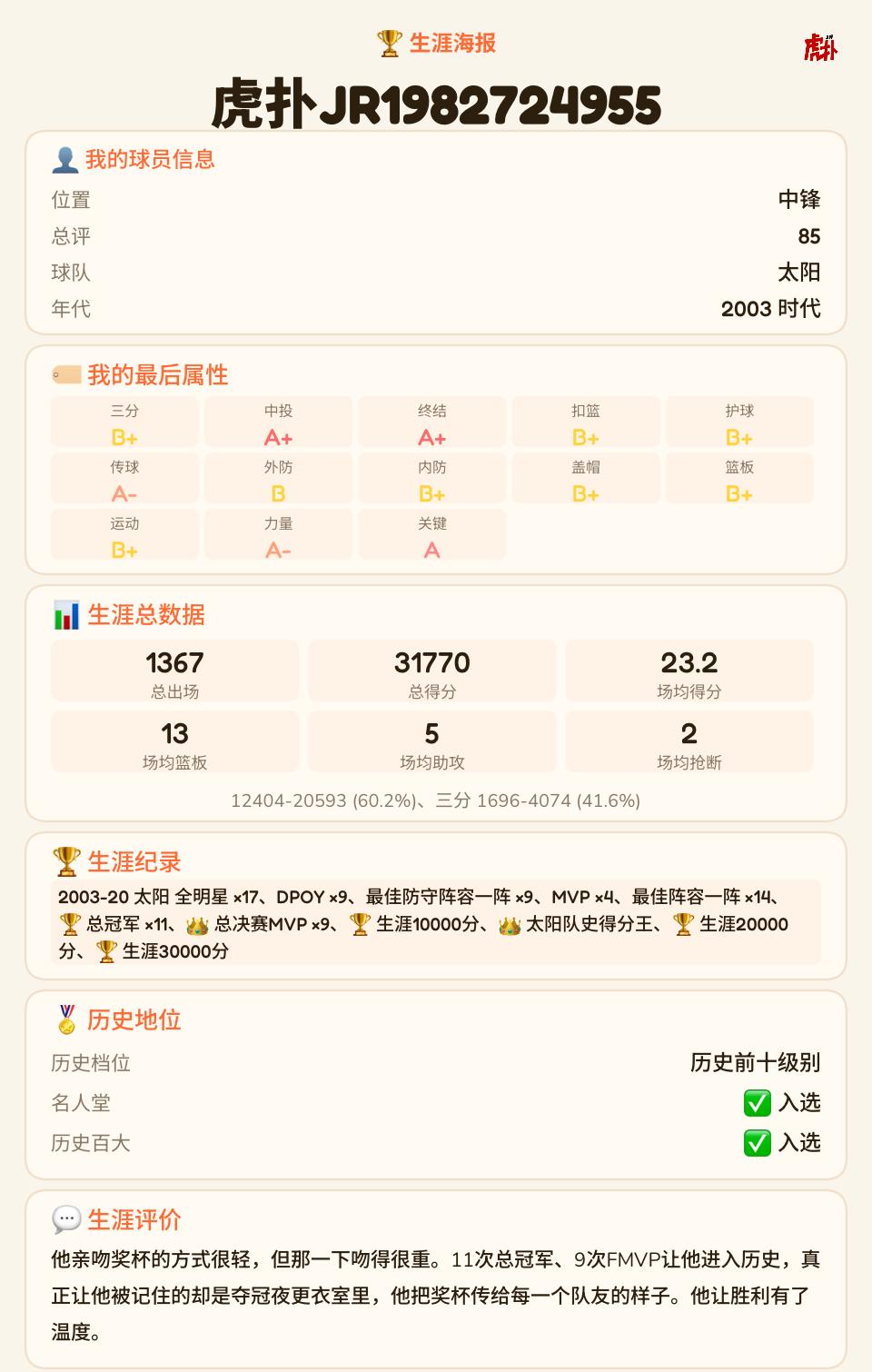 我的完美球员
11个总冠军9个fmvp 4个mvp，不知道能不能超过乔丹
