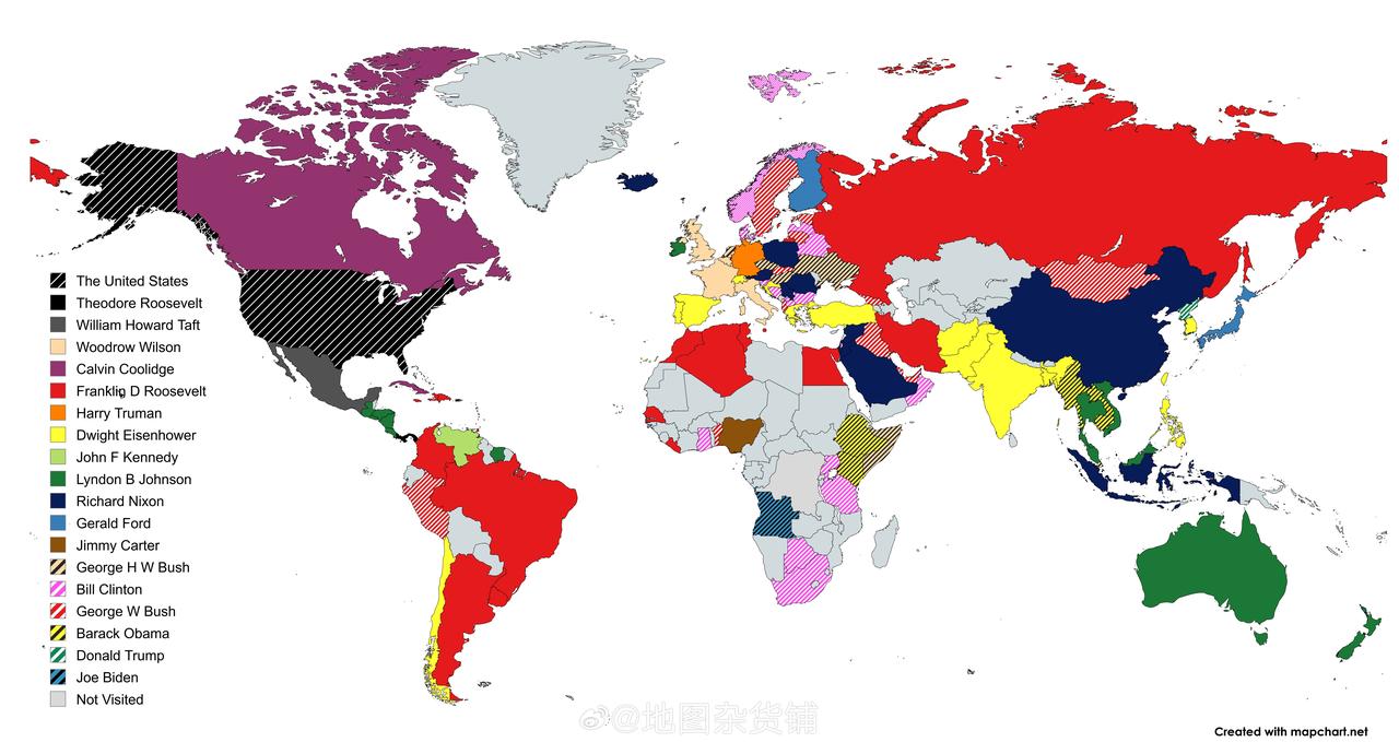 首位访问过这些地区的在任美国总统地图

20世纪初，在交通条件极为有限的背景下，