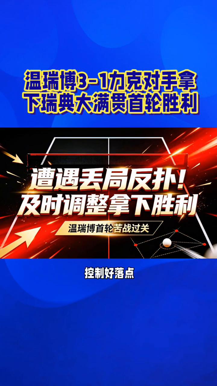 温瑞博3-1力克对手拿下瑞典大满贯首轮胜利。
顶住对手反扑，温瑞博3-1力克对手