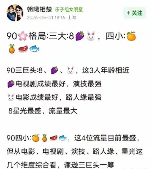 90花格局基本已定90三巨头：杨紫、陈都灵、迪丽热巴90四小花：鞠婧祎、白鹿、赵