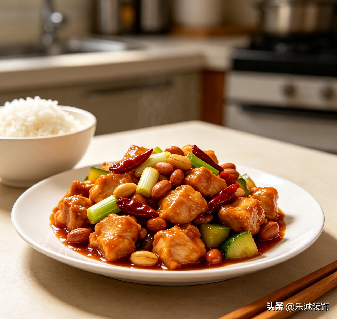 鸡胸肉切丁，加盐、料酒、淀粉抓匀腌制十分钟。准备葱段、干辣椒、花椒、花生米。调酱