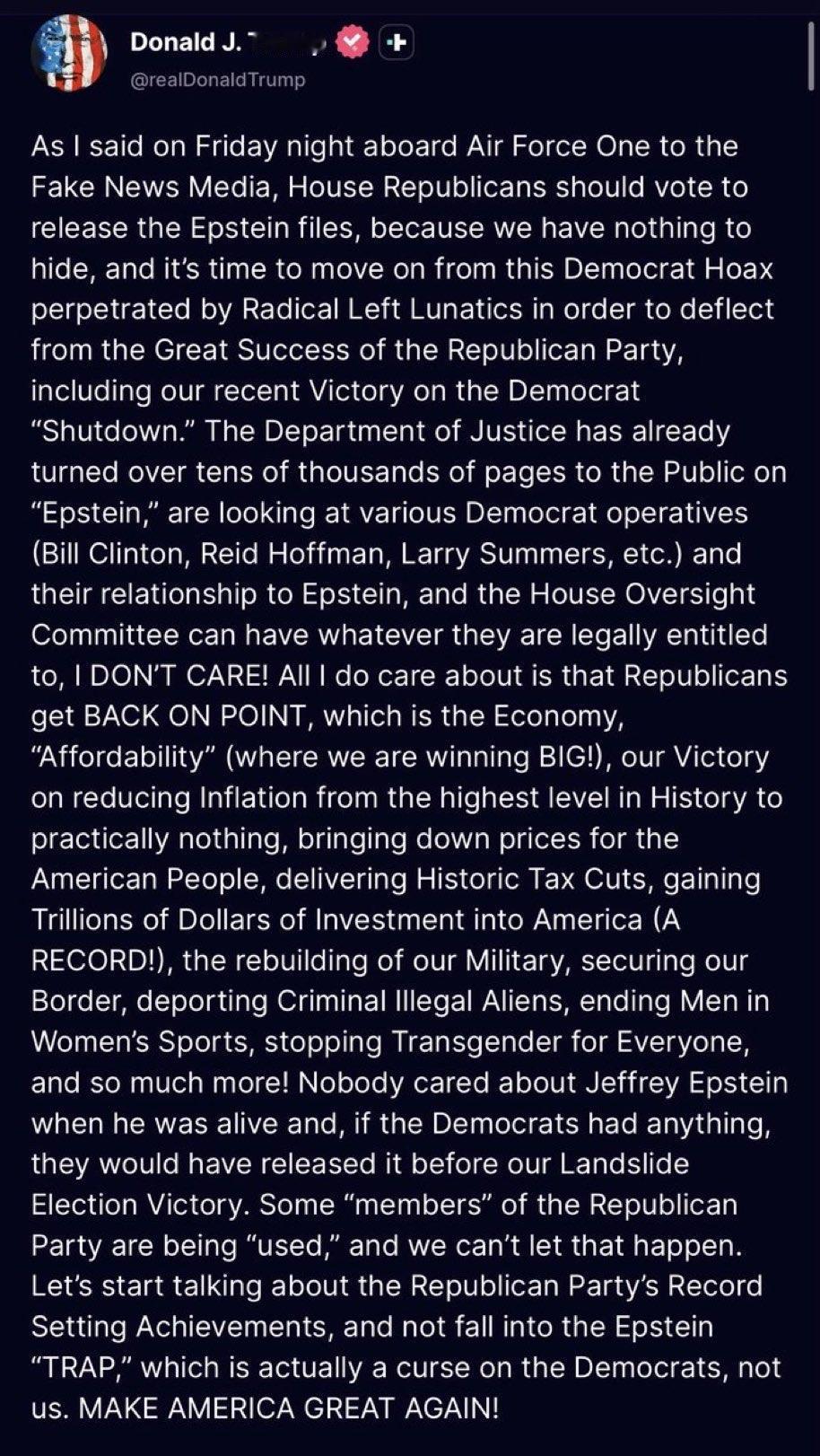 唐纳德·特朗普表示，众议院共和党人“应该投票公布爱泼斯坦档案，因为我们没有什么可