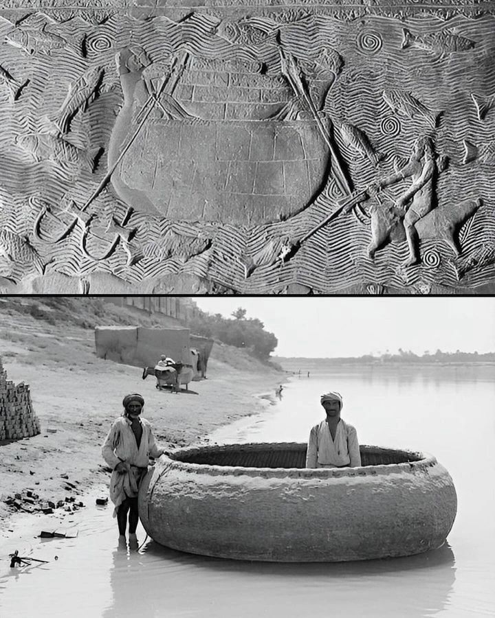 浮雕上有2700年前亚述时期用于运输的名为Quffa的圆船，以及1920年代伊拉...