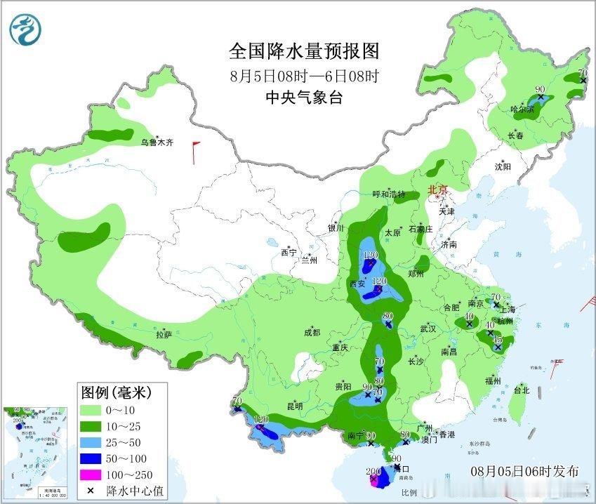 【强降雨】昨天到今晨，降雨带维持南北走向，对应华南的季风槽降雨以及西部大陆高压与