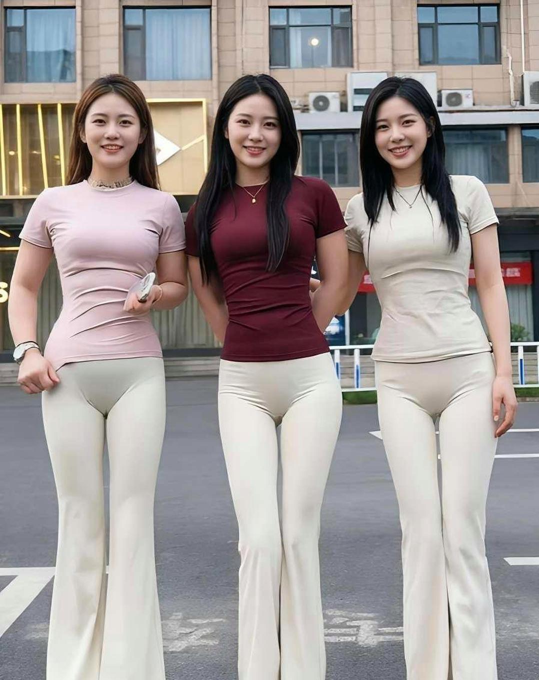 三位女生并肩而立各有风格，笑容亲切满溢青春活力，同款修身短袖搭配柔色高腰喇叭裤，