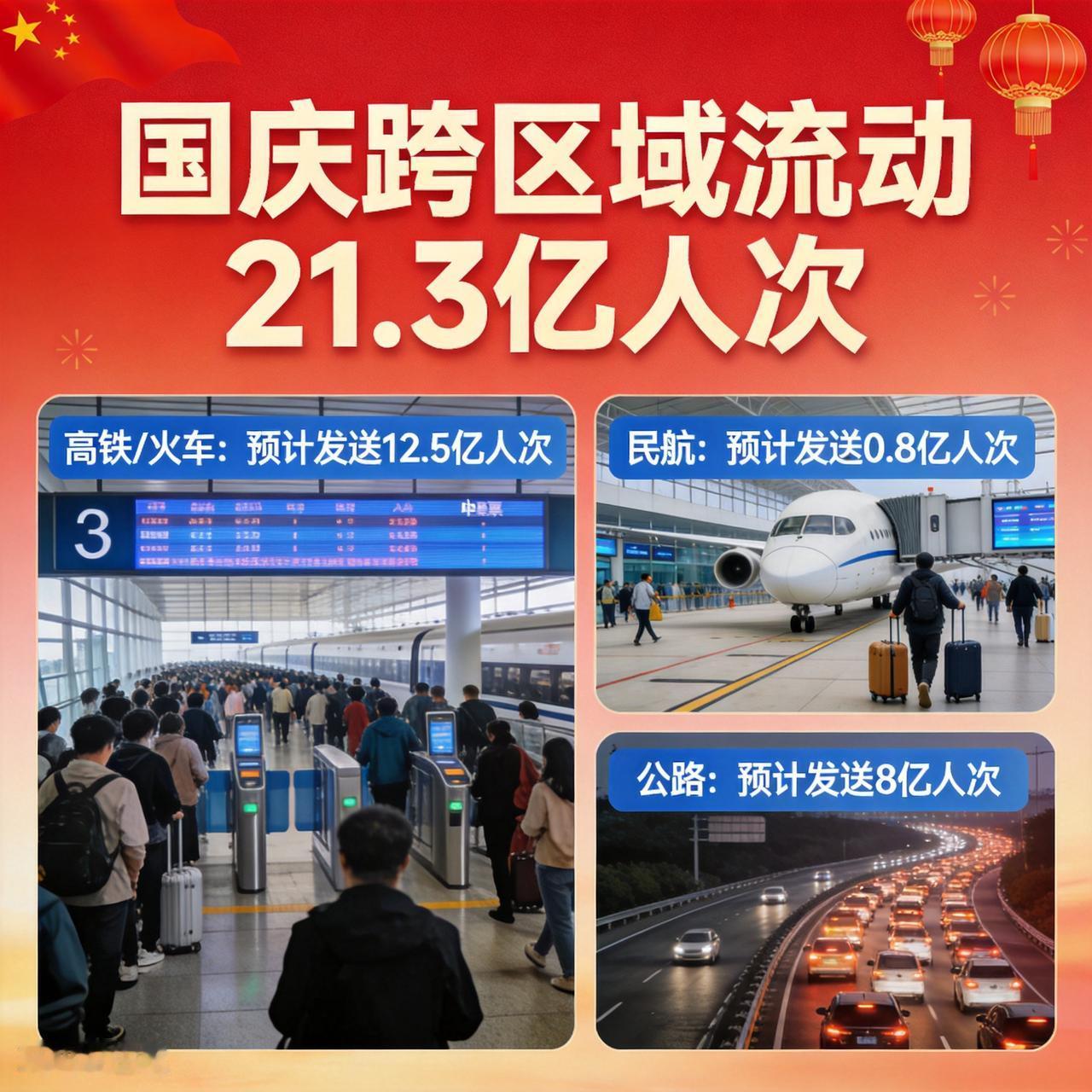 2026年国庆假期全社会跨区域人员流动量预计达21.3亿人次，日均近3亿人次在路