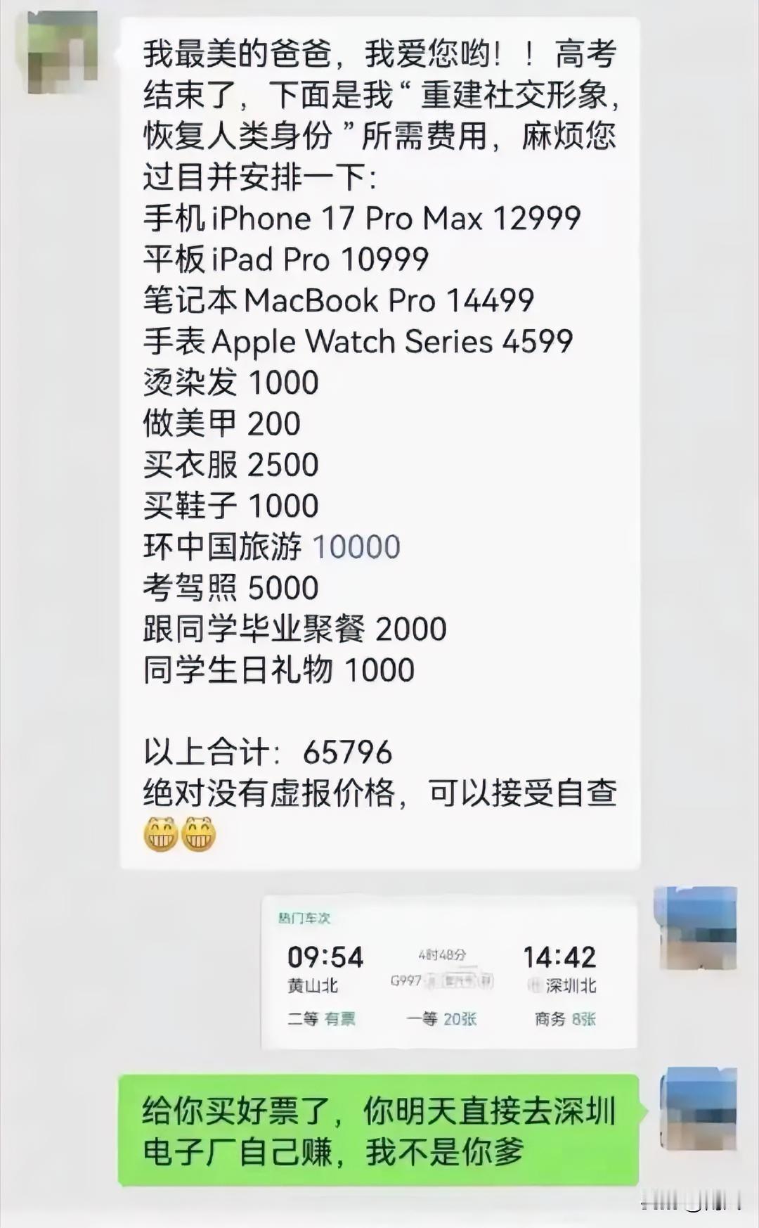 谁能懂一个孩子培养到高考结束得花多少钱，现在孩子体会不到父母挣钱的多不容易