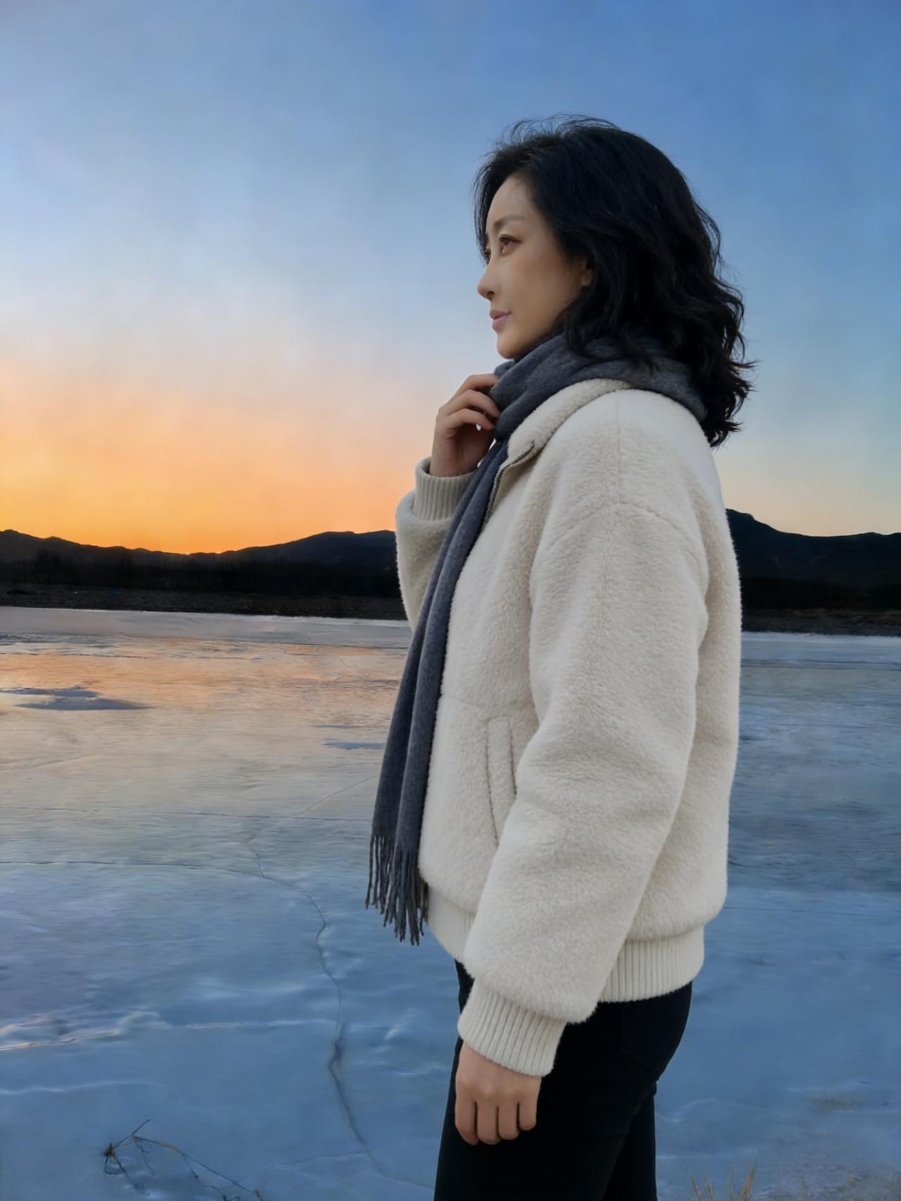 晚照澄湖波似练。
一抹残霞，染透青山半。
巾薄风轻寒欲散，
独立苍茫谁作伴？
～