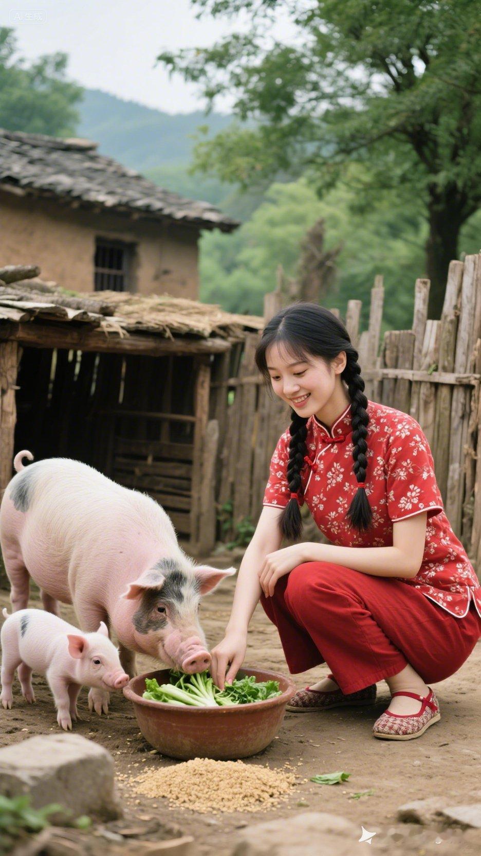 乡村田园生活，与小猪亲密互动，感受自然美好。