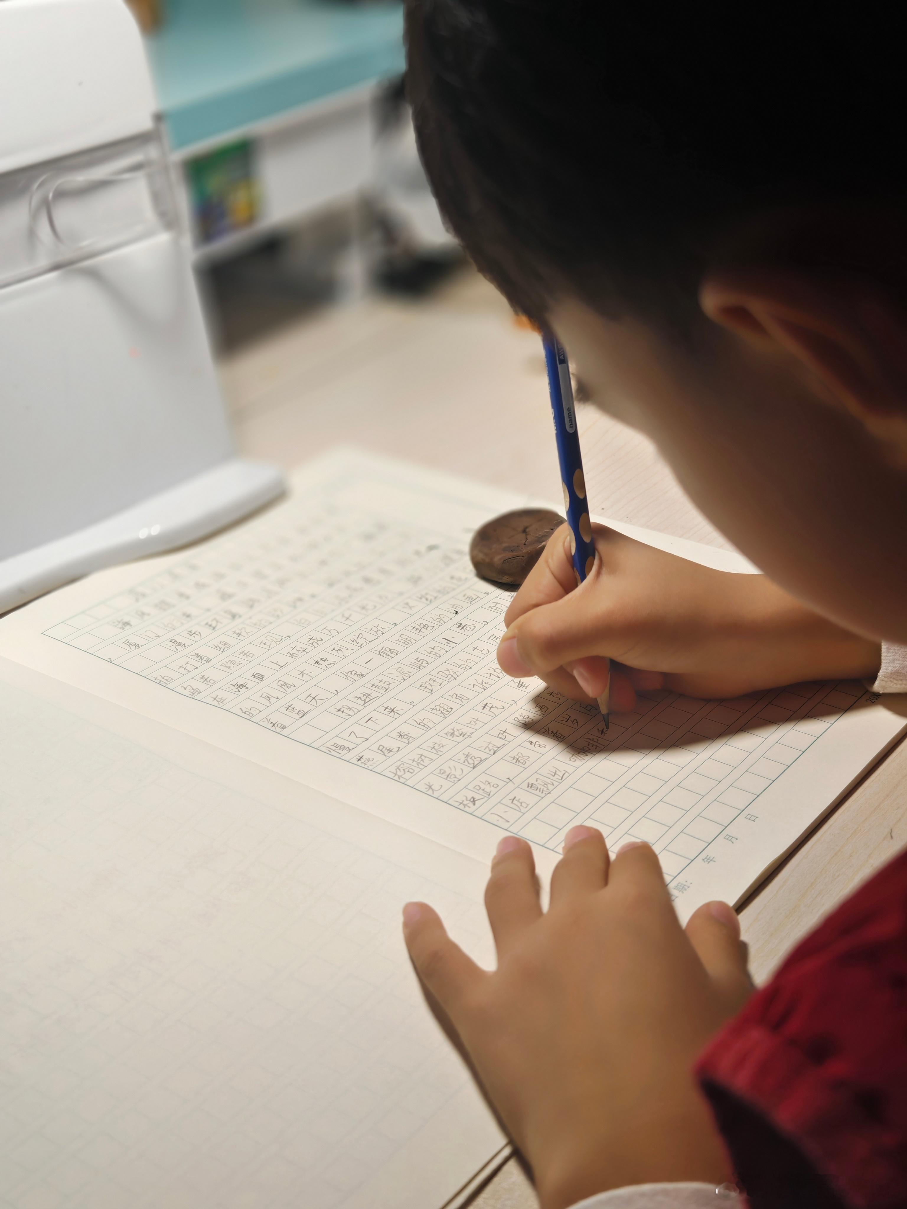 老师要求习作抄一遍很多孩子抄写都很慢，所以让他抄不如直接让他听写，我念他写这样能