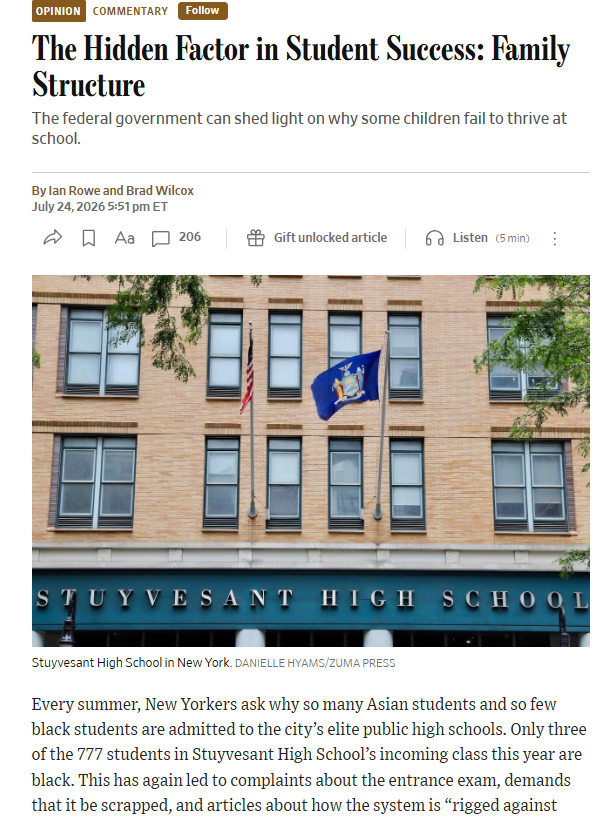 影响学生成功的隐性因素：家庭结构华尔街日报今天有一篇文章讲述亚裔学生为何成绩优于