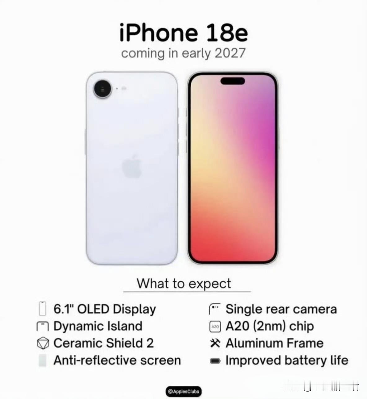 苹果iPhone18e外观曝光：采用灵动岛设计

近日，网上曝光了苹果iPhon