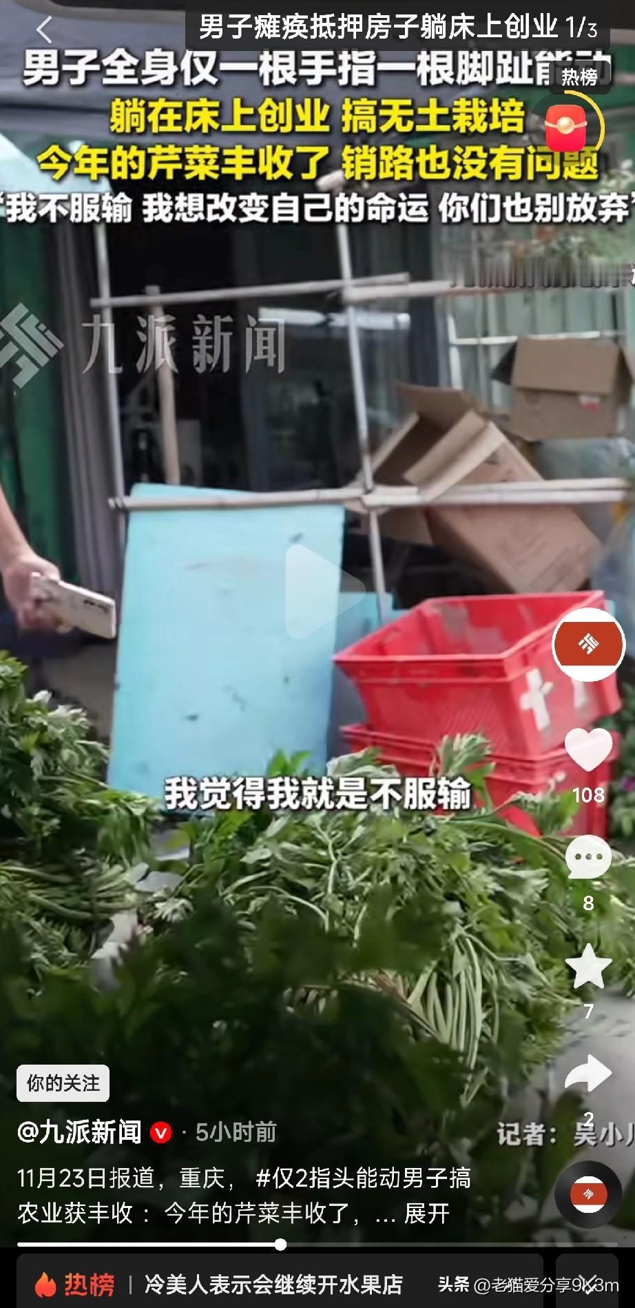 太励志了！
瘫痪小伙靠两根指头“种”出芹菜王国！

故事的主角，是重庆的黎夏。3